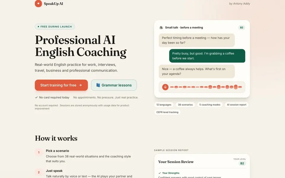 Page d'accueil de SpeakUp AI